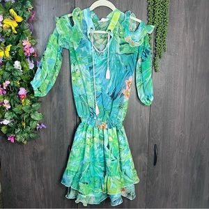 ¥ Cocomore Vibrant Printred Cutouot Shoulder Drop Waist Dress Size Small